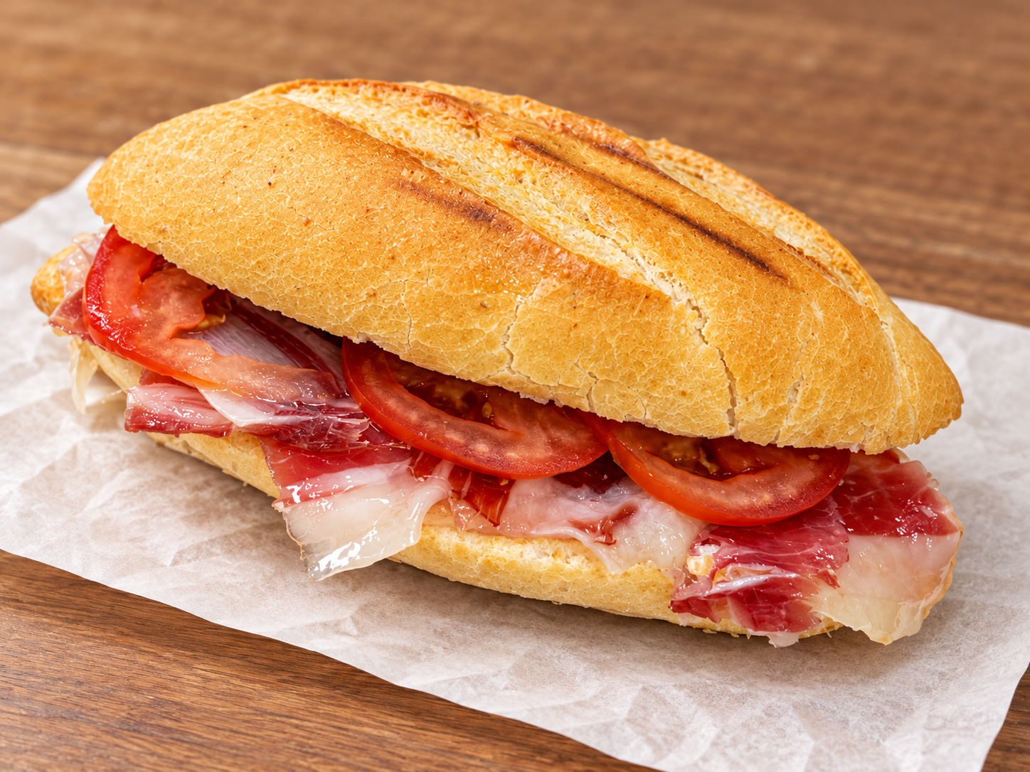 Bocadillo de jamón con tomate